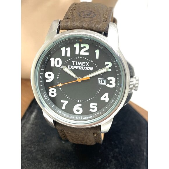 Timex Men's Watch T44921 Expedition Quartz Indiglo Black Dial Brown Leather 40mm - Picture 1 of 14